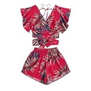 SweatyRocks Women's 2 Piece Boho Butterfly Sleeve Knot Front Crop